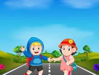 两个孩子在路上上学
