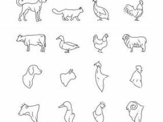 农场动物和鸟类细线图标