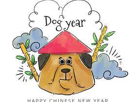 有中国帽子的中国狗有竹子和云彩的