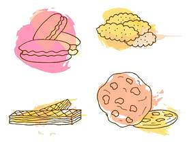 矢量cookie插画。手绘饼干与多彩溅起的一套。