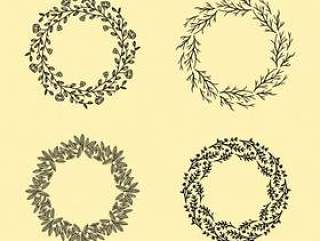Set of hand drawn vector round floral wreaths. Floral circle frame design element