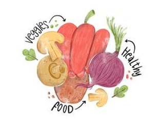 水彩蔬菜，胡椒，蘑菇，土豆和大头菜