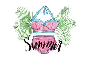 矢量水彩棕榈树和刻字与暑假泳装