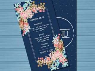 与美丽的花的海军婚礼菜单卡片