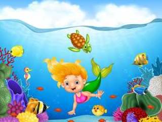 Cartoon mermaid with beautiful underwater world