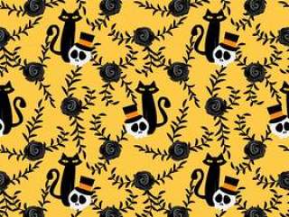 Halloween skull and black cat seamless pattern.