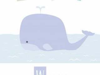 可爱的鲸鱼卡通涂鸦动物字母W.