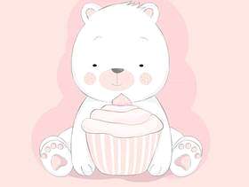 逗人喜爱的婴孩熊与杯形蛋糕动画片手拉的样式