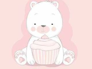 逗人喜爱的婴孩熊与杯形蛋糕动画片手拉的样式