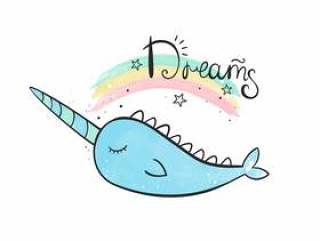 Magic narwhal. Watercolor illustration