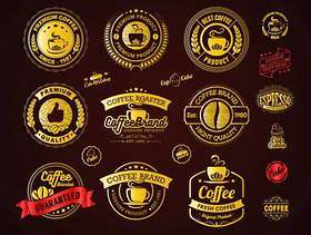 金色咖啡标志徽章和标签元素