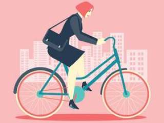 酷女性商人骑自行车到办公室