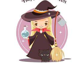 可爱的女巫和黑猫万圣节概念。