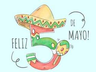 与墨西哥帽子的逗人喜爱的Cinco De Mayo数字