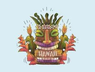 用叶子和热带花卉夏威夷水彩夏威夷面具图腾微笑