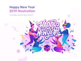 5场景新年2019年插图内置2种颜色版本，新年2019年插图