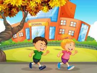 在学校前面跑步的孩子