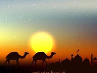 斋月贾巴尔背景在傍晚的天空与太阳