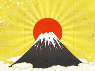 富士和日出背景·镀金背景