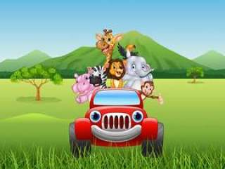 动画片在红色汽车的动物非洲
