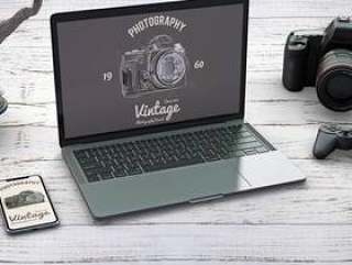 Stationery mockup with photography concept and devices