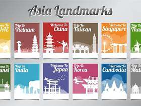 在剪影设计小册子集合的亚洲着名地标矢量素材下载