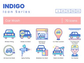 洗车图标集为您的Web，应用程序，营销传播和演示设计，70洗车图标|靛蓝系列
