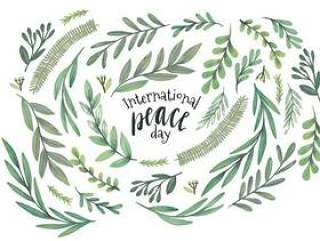 矢量水彩叶子和分支庆祝国际和平日