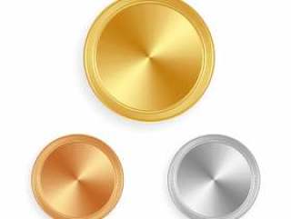 金，银，铜牌闪亮标签或硬币矢量