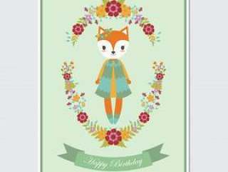 花圈上可爱的狐狸女孩适合生日贺卡