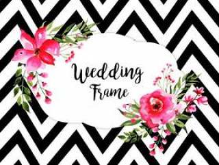 Watercolor Floral Wedding Frame Background With Stripes