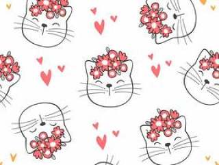 Draw seamless pattern cute cat and beauty flower