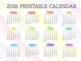 2018年可打印的水彩日历矢量