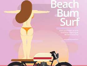 海滩流浪汉和女孩在摩托车，海滩和日落度假图上冲浪