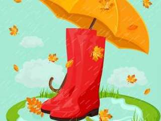 在雨和伞的红色靴子