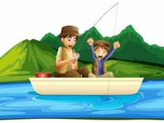 父亲和儿子在湖里钓鱼