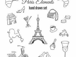 巴黎插画。手绘法国元素。巴黎主题涂鸦元素。