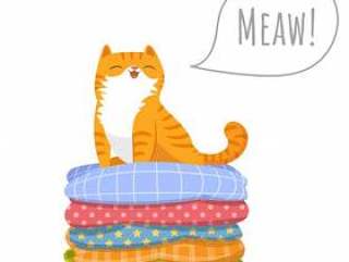 坐在堆枕头顶部的橙色猫。
