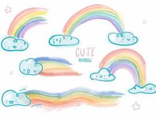 可爱的云彩水彩彩虹矢量图