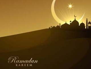美丽的清真寺剪影在与月牙儿月亮和星星的夜晚
