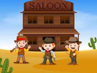 Three cowboys holding gun and standing outside