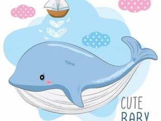 Cute Baby Whale and Small Ship
