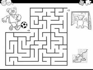 Maze color book with bear playing soccer