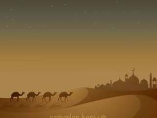 美丽的伊斯兰背景与骆驼走在沙滩上