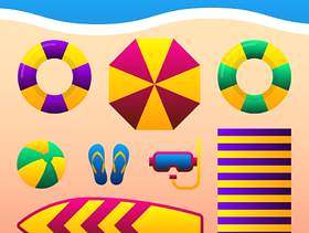 暑假假期配件在沙滩上的插图。