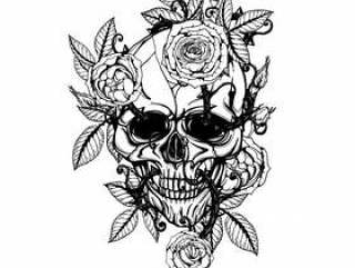 有centifolia玫瑰纹身花刺的头骨用手画。
