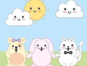 Kawaii兔子老鼠和猫动画片云彩和太阳