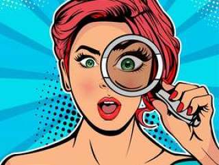 Woman is a detective looking through magnifying glass