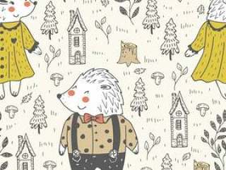 Doodle seamless pattern with Hedgehog in forest.