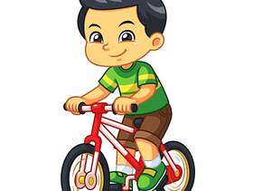 骑新的红色自行车的男孩。